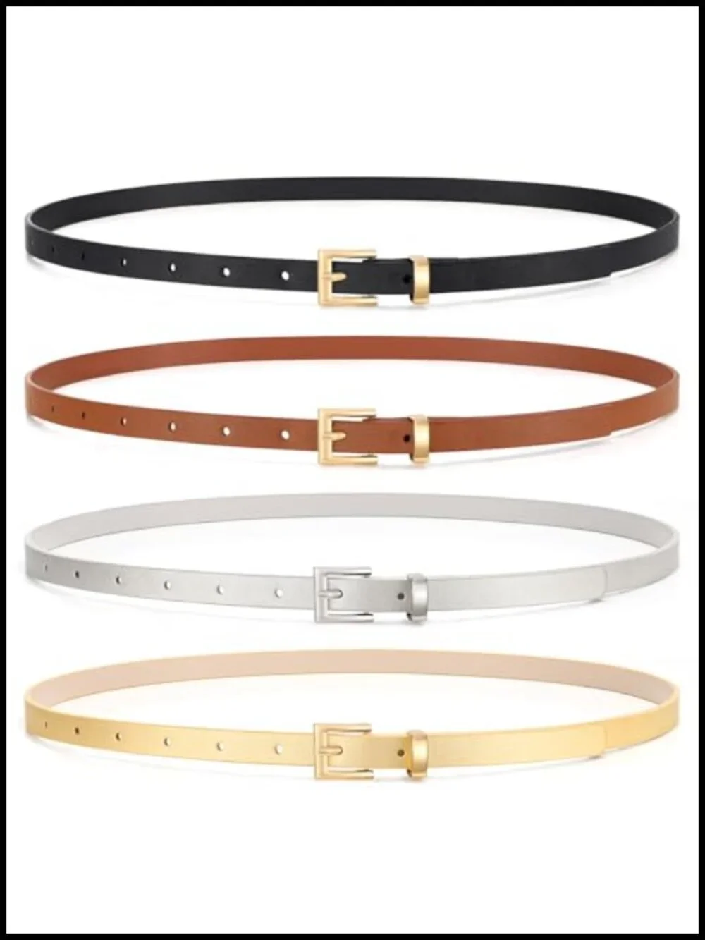 Set of 4 Faux Leather Skinny Belts with Metal Buckle for Women